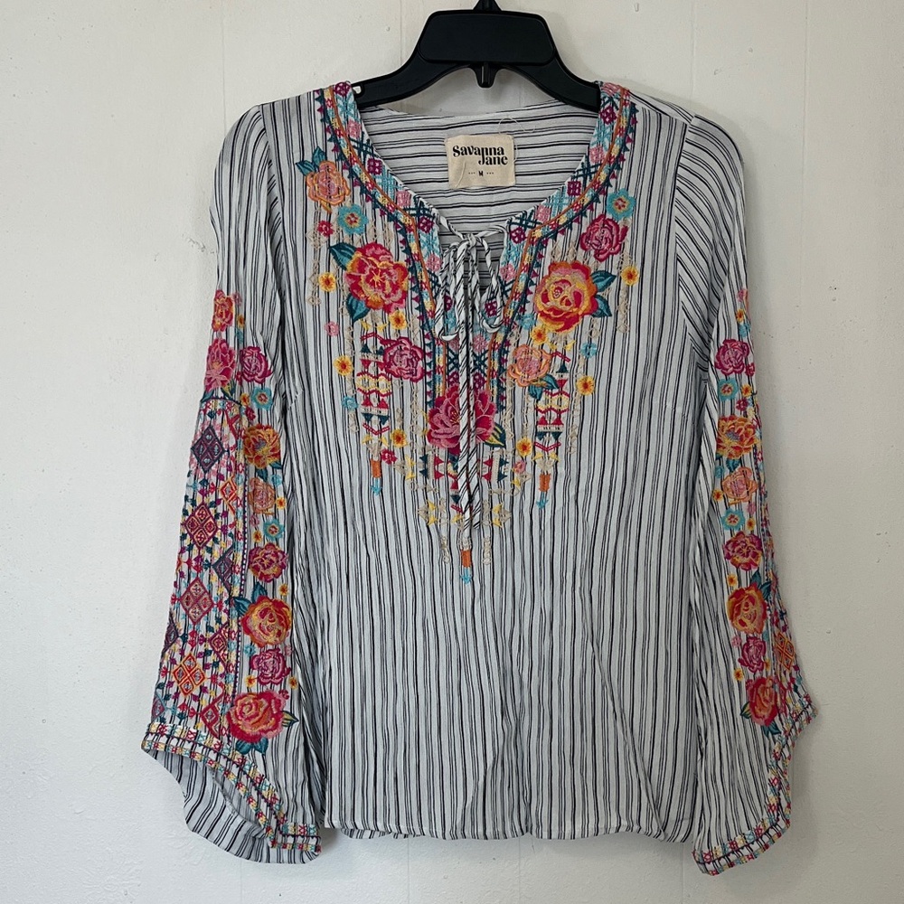 Savanna Jane Floral Embroidered Striped Blouse - Medium